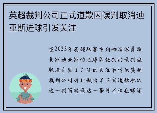 英超裁判公司正式道歉因误判取消迪亚斯进球引发关注