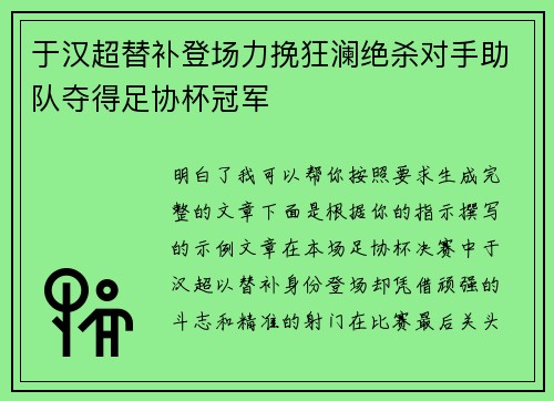 于汉超替补登场力挽狂澜绝杀对手助队夺得足协杯冠军 于汉超替补登场力挽狂澜绝杀对手助队夺得足协杯冠军